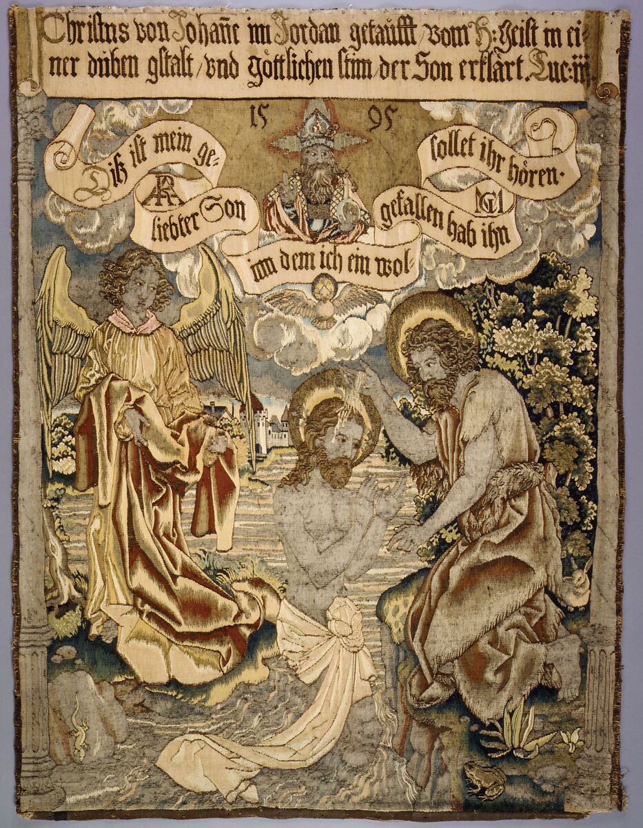 The Baptism of Christ from a set of The Passion, Design based on an engraving by Martin Schongauer (German, Colmar ca. 1435/50–1491 Breisach) (The Baptism of Christ), Wool, silk, metal thread (20 warp threads per inch, 8 per cm.), German, Alsace, possibly Strasbourg 