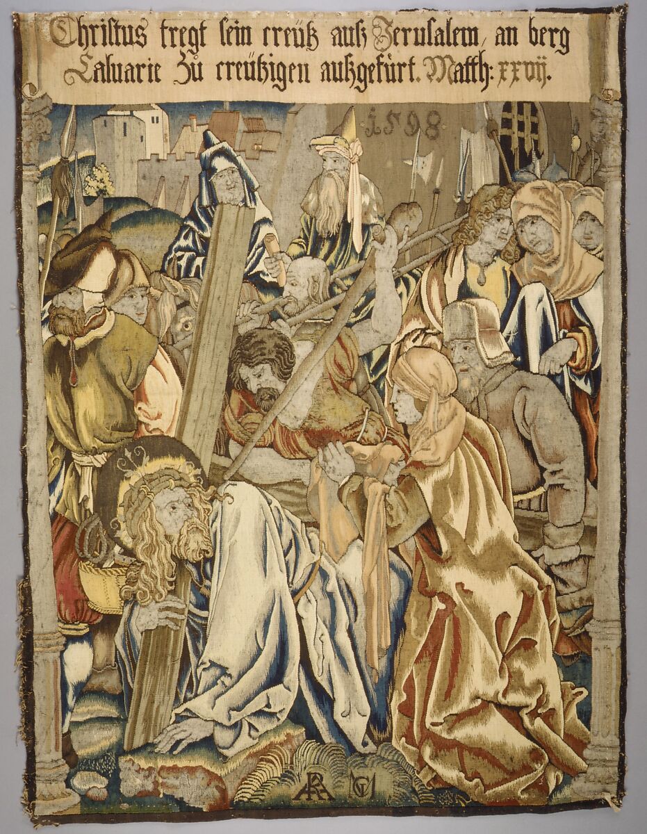 Christ Carrying the Cross from a set of "The Passion", Design based on a woodcut by Albrecht Dürer (German, Nuremberg 1471–1528 Nuremberg)  , from the Small Passion, Wool, silk, metal thread (20 warp threads per inch, 8 per cm.), German, Alsace, possibly Strasbourg 