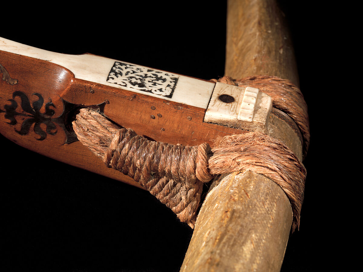 Crossbow of Count Ulrich V of Württemberg (1413–1480), Attributed to Heinrich Heid von Winterthur (probably Swiss, active Stuttgart, recorded 1453–1460), Wood (European hornbeam), horn, animal sinew, staghorn, birch bark, iron alloy, copper alloy, pigment, German, probably Stuttgart