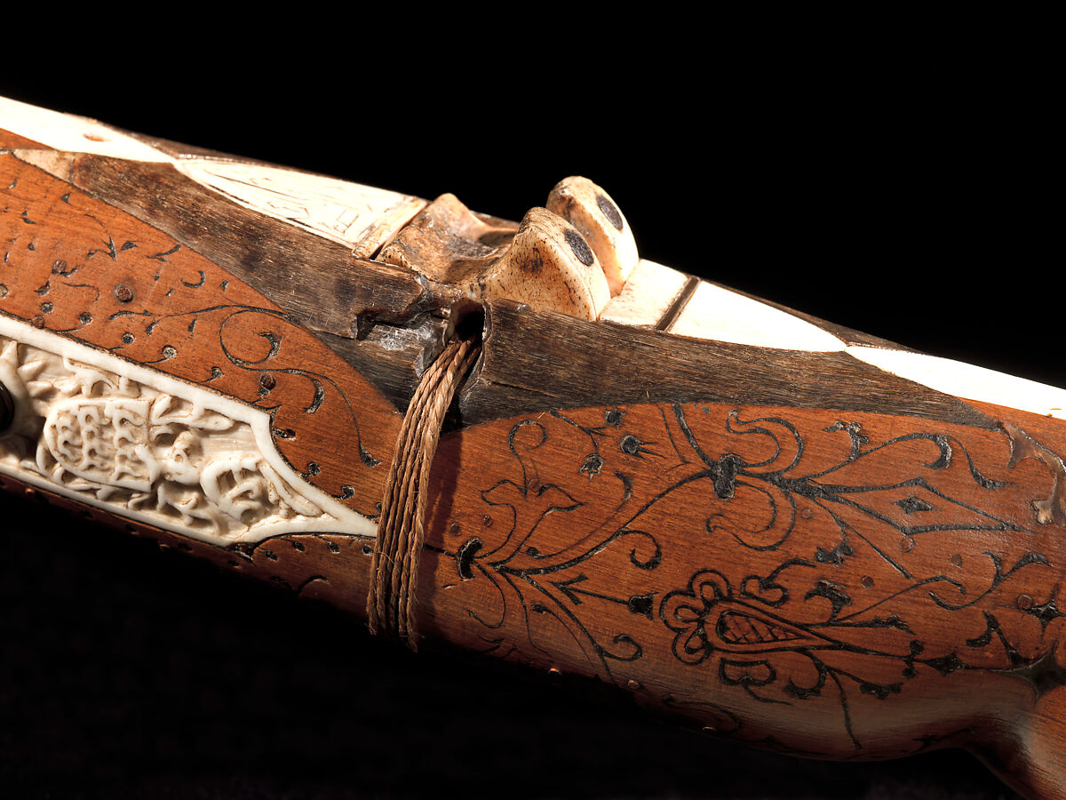 Crossbow of Count Ulrich V of Württemberg (1413–1480), Attributed to Heinrich Heid von Winterthur (probably Swiss, active Stuttgart, recorded 1453–1460), Wood (European hornbeam), horn, animal sinew, staghorn, birch bark, iron alloy, copper alloy, pigment, German, probably Stuttgart