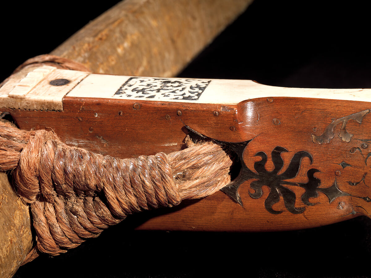 Crossbow of Count Ulrich V of Württemberg (1413–1480), Attributed to Heinrich Heid von Winterthur (probably Swiss, active Stuttgart, recorded 1453–1460), Wood (European hornbeam), horn, animal sinew, staghorn, birch bark, iron alloy, copper alloy, pigment, German, probably Stuttgart