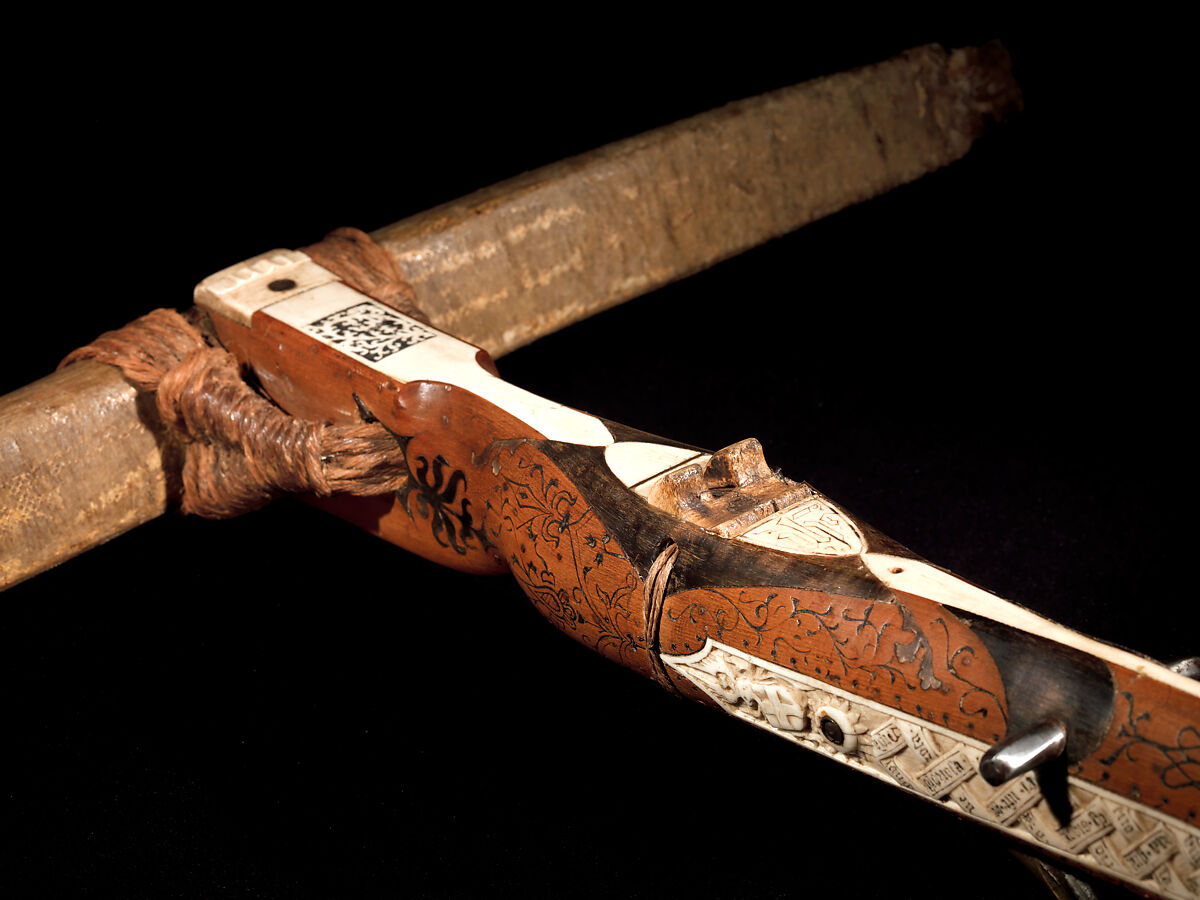 Crossbow of Count Ulrich V of Württemberg (1413–1480), Attributed to Heinrich Heid von Winterthur (probably Swiss, active Stuttgart, recorded 1453–1460), Wood (European hornbeam), horn, animal sinew, staghorn, birch bark, iron alloy, copper alloy, pigment, German, probably Stuttgart
