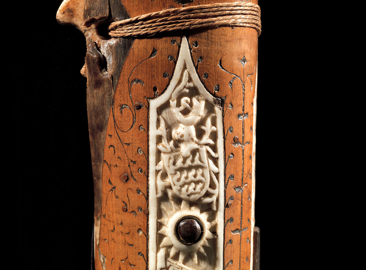 Crossbow of Count Ulrich V of Württemberg (1413–1480), Attributed to Heinrich Heid von Winterthur (probably Swiss, active Stuttgart, recorded 1453–1460), Wood (European hornbeam), horn, animal sinew, staghorn, birch bark, iron alloy, copper alloy, pigment, German, probably Stuttgart