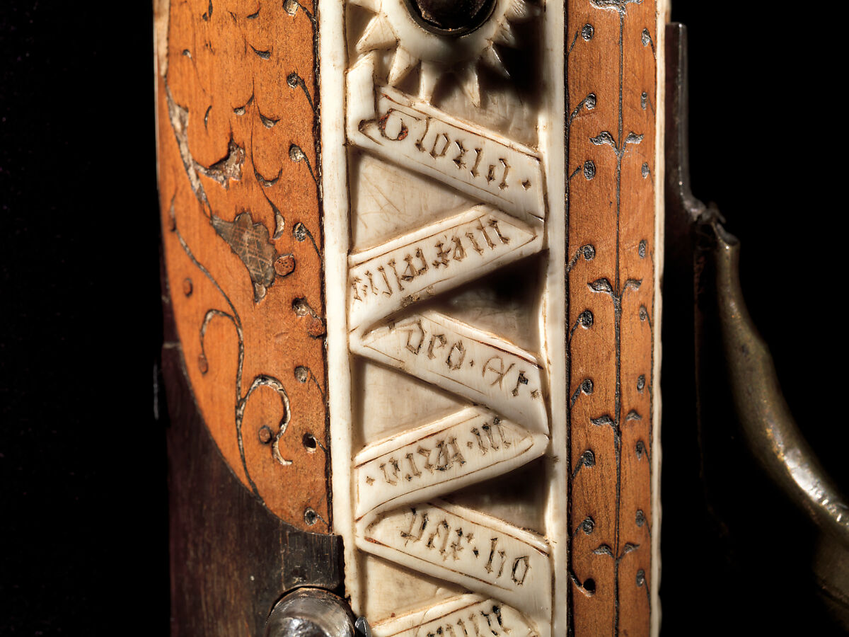 Crossbow of Count Ulrich V of Württemberg (1413–1480), Attributed to Heinrich Heid von Winterthur (probably Swiss, active Stuttgart, recorded 1453–1460), Wood (European hornbeam), horn, animal sinew, staghorn, birch bark, iron alloy, copper alloy, pigment, German, probably Stuttgart