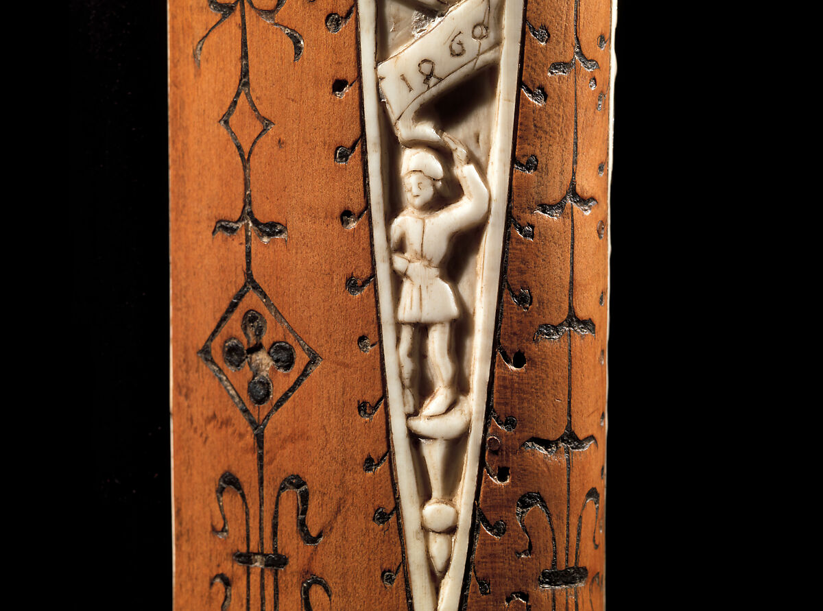 Crossbow of Count Ulrich V of Württemberg (1413–1480), Attributed to Heinrich Heid von Winterthur (probably Swiss, active Stuttgart, recorded 1453–1460), Wood (European hornbeam), horn, animal sinew, staghorn, birch bark, iron alloy, copper alloy, pigment, German, probably Stuttgart