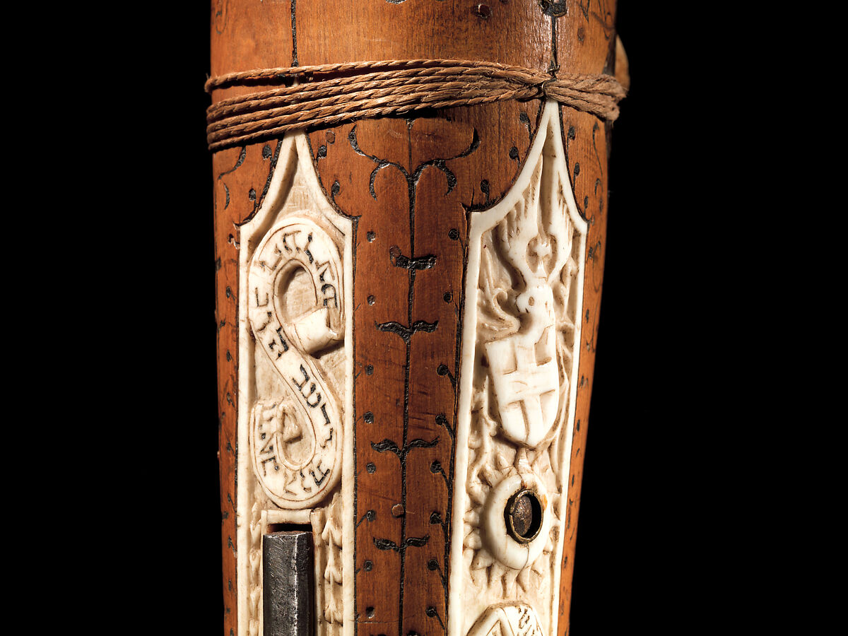 Crossbow of Count Ulrich V of Württemberg (1413–1480), Attributed to Heinrich Heid von Winterthur (probably Swiss, active Stuttgart, recorded 1453–1460), Wood (European hornbeam), horn, animal sinew, staghorn, birch bark, iron alloy, copper alloy, pigment, German, probably Stuttgart