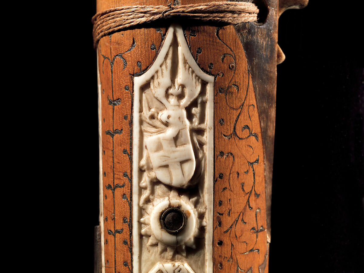 Crossbow of Count Ulrich V of Württemberg (1413–1480), Attributed to Heinrich Heid von Winterthur (probably Swiss, active Stuttgart, recorded 1453–1460), Wood (European hornbeam), horn, animal sinew, staghorn, birch bark, iron alloy, copper alloy, pigment, German, probably Stuttgart