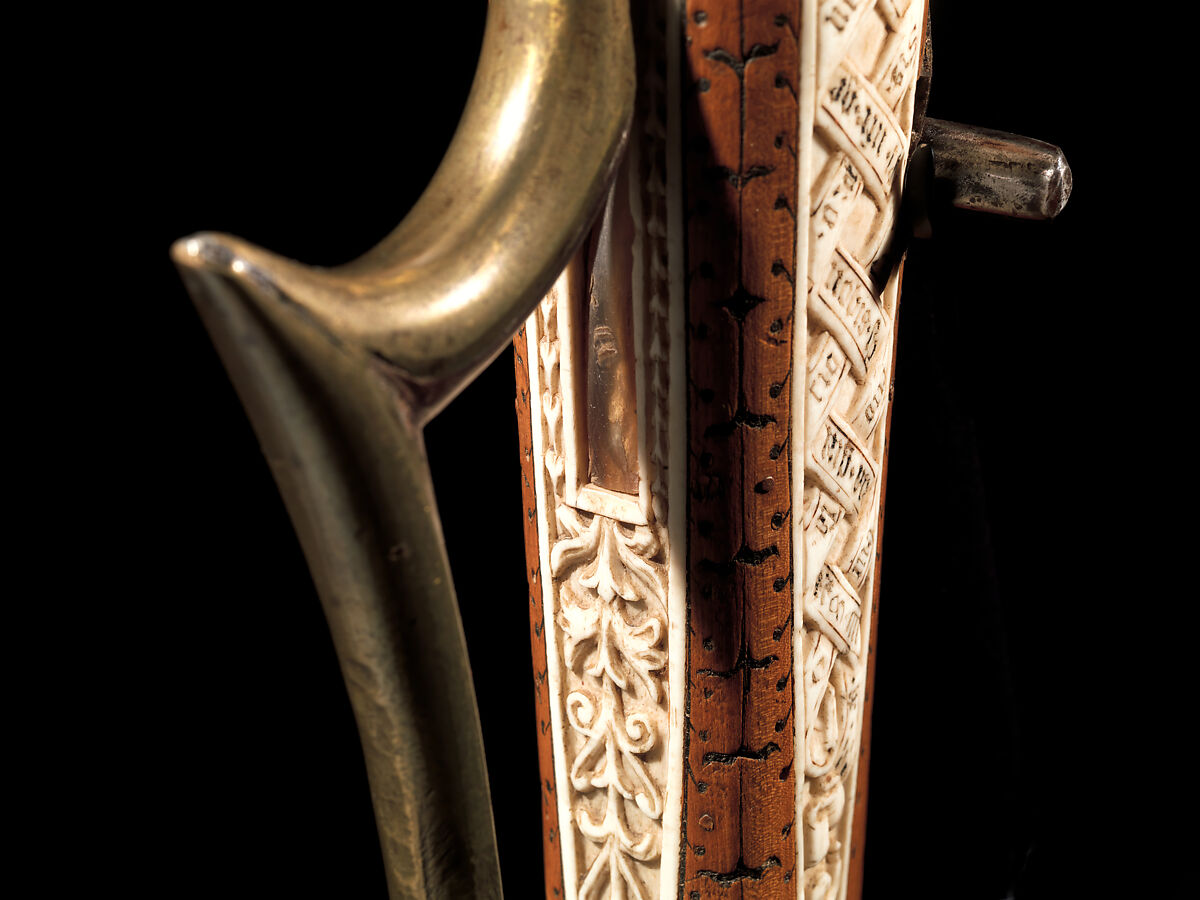 Crossbow of Count Ulrich V of Württemberg (1413–1480), Attributed to Heinrich Heid von Winterthur (probably Swiss, active Stuttgart, recorded 1453–1460), Wood (European hornbeam), horn, animal sinew, staghorn, birch bark, iron alloy, copper alloy, pigment, German, probably Stuttgart