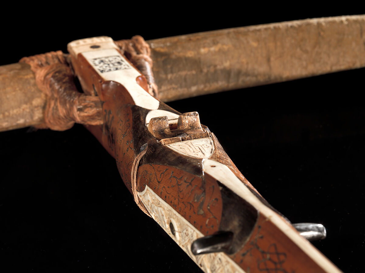 Crossbow of Count Ulrich V of Württemberg (1413–1480), Attributed to Heinrich Heid von Winterthur (probably Swiss, active Stuttgart, recorded 1453–1460), Wood (European hornbeam), horn, animal sinew, staghorn, birch bark, iron alloy, copper alloy, pigment, German, probably Stuttgart