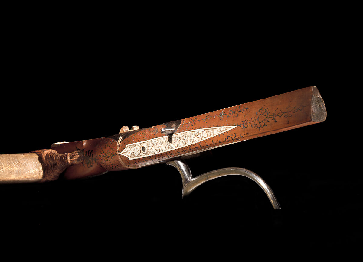 Crossbow of Count Ulrich V of Württemberg (1413–1480), Attributed to Heinrich Heid von Winterthur (probably Swiss, active Stuttgart, recorded 1453–1460), Wood (European hornbeam), horn, animal sinew, staghorn, birch bark, iron alloy, copper alloy, pigment, German, probably Stuttgart