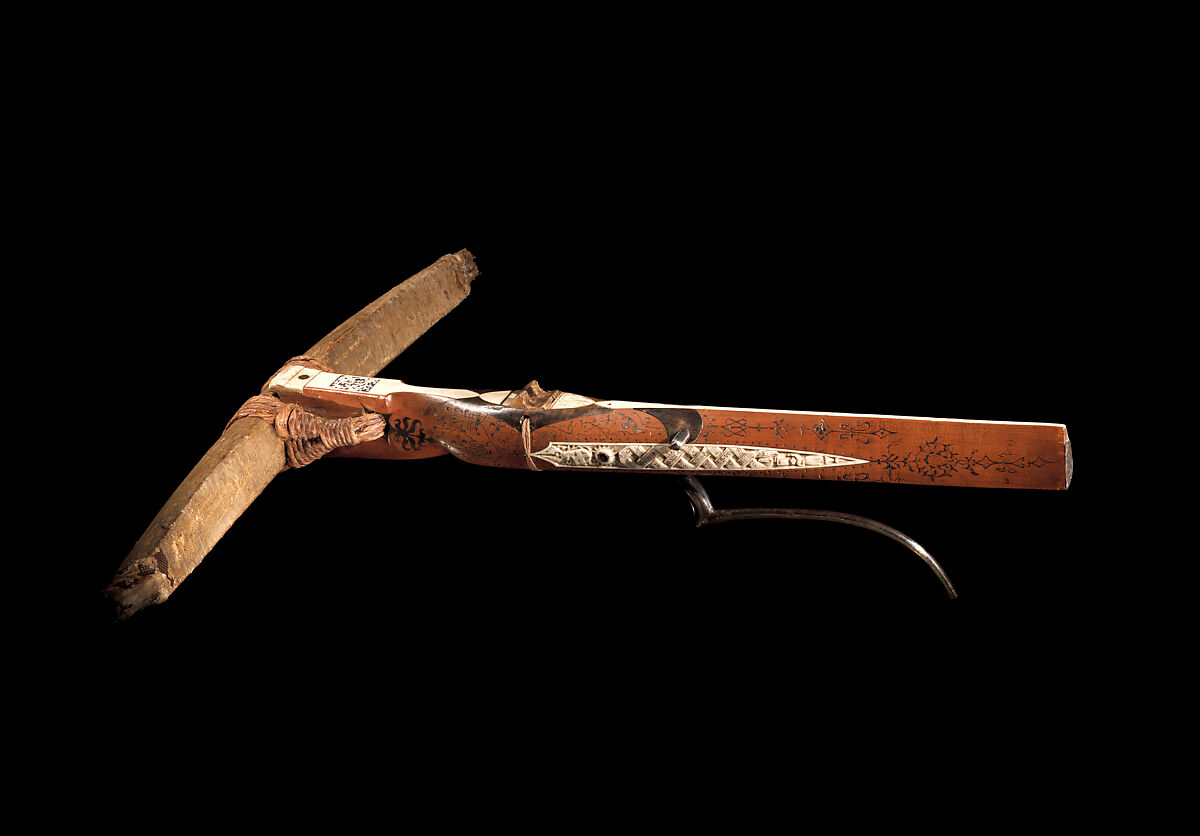 Crossbow of Count Ulrich V of Württemberg (1413–1480), Attributed to Heinrich Heid von Winterthur (probably Swiss, active Stuttgart, recorded 1453–1460), Wood (European hornbeam), horn, animal sinew, staghorn, birch bark, iron alloy, copper alloy, pigment, German, probably Stuttgart