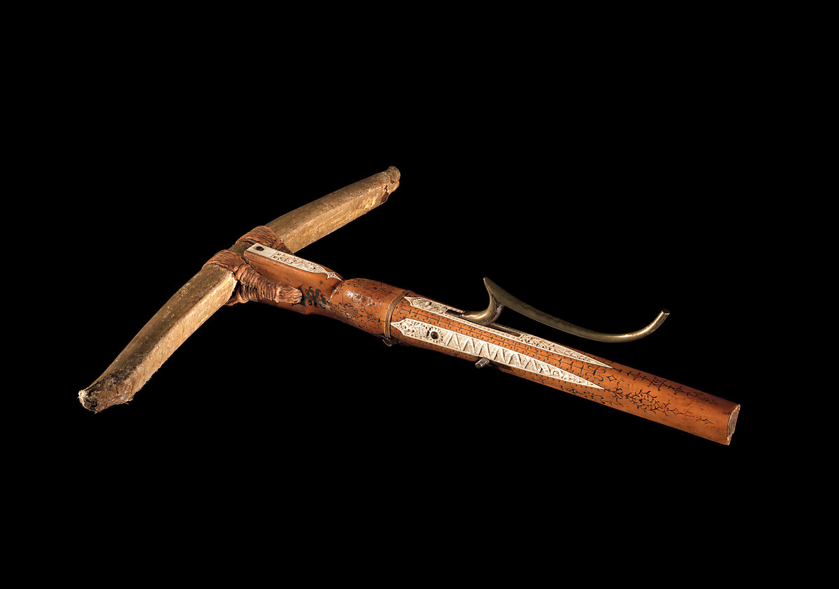 Crossbow of Count Ulrich V of Württemberg (1413–1480), Attributed to Heinrich Heid von Winterthur (probably Swiss, active Stuttgart, recorded 1453–1460), Wood (European hornbeam), horn, animal sinew, staghorn, birch bark, iron alloy, copper alloy, pigment, German, probably Stuttgart
