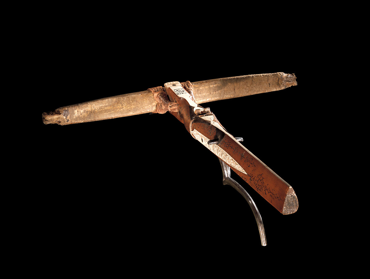 Crossbow of Count Ulrich V of Württemberg (1413–1480), Attributed to Heinrich Heid von Winterthur (probably Swiss, active Stuttgart, recorded 1453–1460), Wood (European hornbeam), horn, animal sinew, staghorn, birch bark, iron alloy, copper alloy, pigment, German, probably Stuttgart