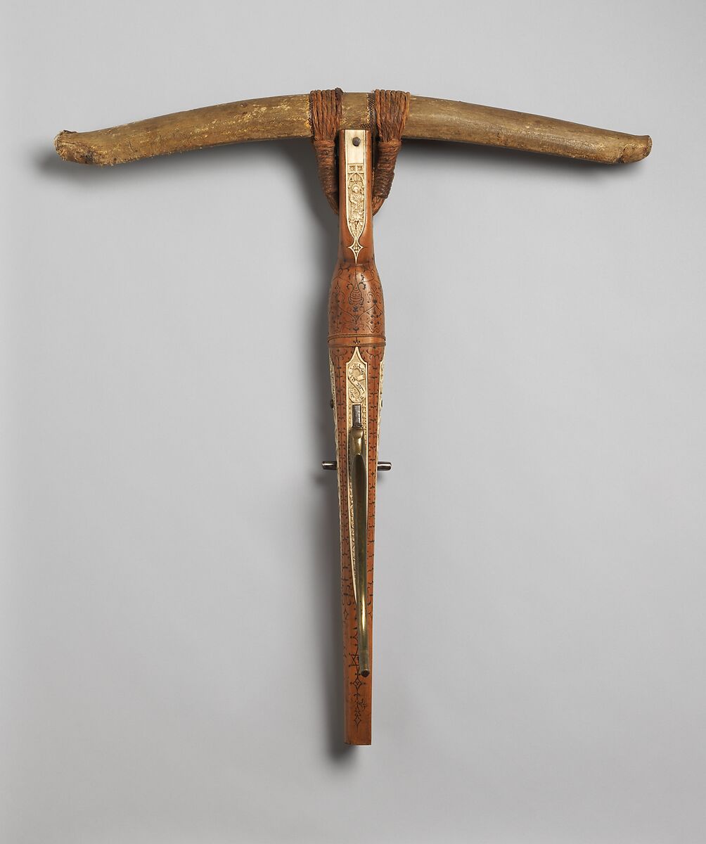 Crossbow of Count Ulrich V of Württemberg (1413–1480), Attributed to Heinrich Heid von Winterthur (probably Swiss, active Stuttgart, recorded 1453–1460), Wood (European hornbeam), horn, animal sinew, staghorn, birch bark, iron alloy, copper alloy, pigment, German, probably Stuttgart