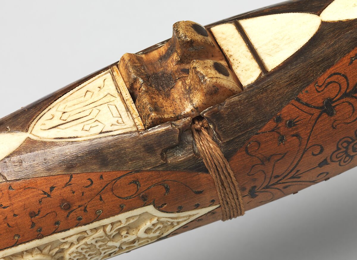 Crossbow of Count Ulrich V of Württemberg (1413–1480), Attributed to Heinrich Heid von Winterthur (probably Swiss, active Stuttgart, recorded 1453–1460), Wood (European hornbeam), horn, animal sinew, staghorn, birch bark, iron alloy, copper alloy, pigment, German, probably Stuttgart