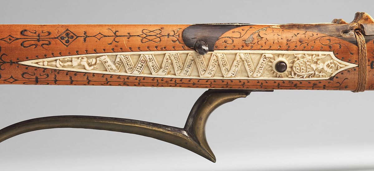 Crossbow of Count Ulrich V of Württemberg (1413–1480), Attributed to Heinrich Heid von Winterthur (probably Swiss, active Stuttgart, recorded 1453–1460), Wood (European hornbeam), horn, animal sinew, staghorn, birch bark, iron alloy, copper alloy, pigment, German, probably Stuttgart