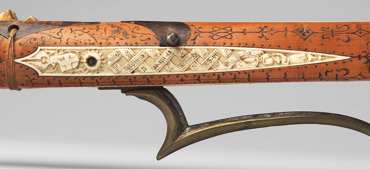 Crossbow of Count Ulrich V of Württemberg (1413–1480), Attributed to Heinrich Heid von Winterthur (probably Swiss, active Stuttgart, recorded 1453–1460), Wood (European hornbeam), horn, animal sinew, staghorn, birch bark, iron alloy, copper alloy, pigment, German, probably Stuttgart