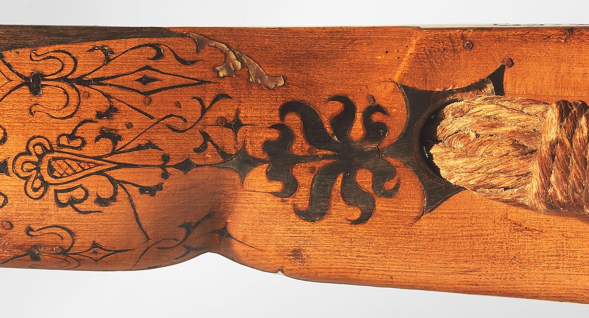 Crossbow of Count Ulrich V of Württemberg (1413–1480), Attributed to Heinrich Heid von Winterthur (probably Swiss, active Stuttgart, recorded 1453–1460), Wood (European hornbeam), horn, animal sinew, staghorn, birch bark, iron alloy, copper alloy, pigment, German, probably Stuttgart