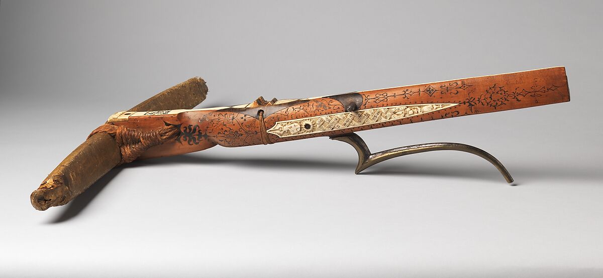 Crossbow of Count Ulrich V of Württemberg (1413–1480), Attributed to Heinrich Heid von Winterthur (probably Swiss, active Stuttgart, recorded 1453–1460), Wood (European hornbeam), horn, animal sinew, staghorn, birch bark, iron alloy, copper alloy, pigment, German, probably Stuttgart