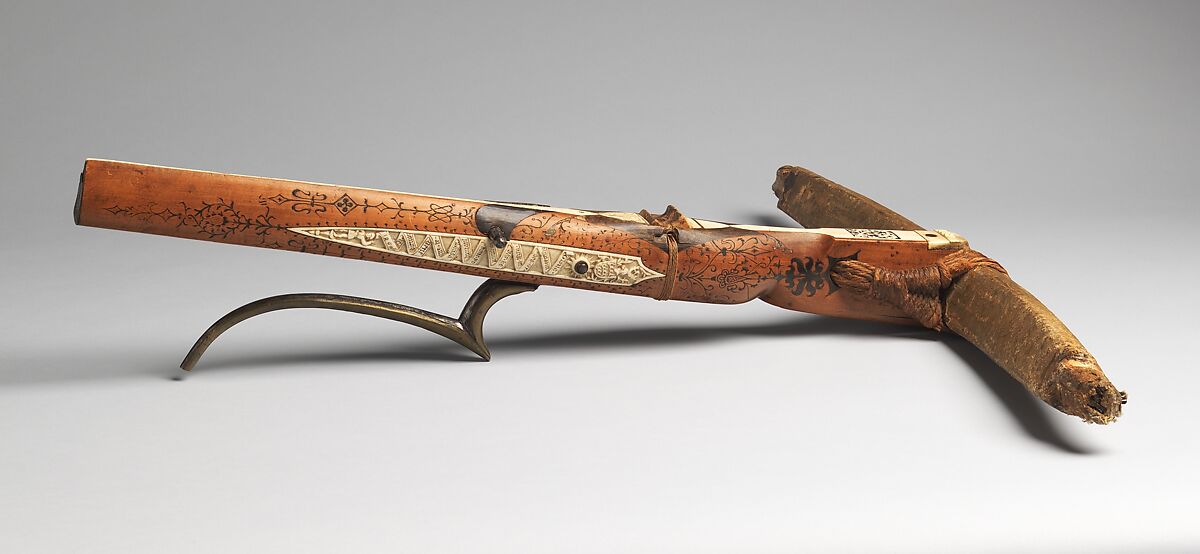 Crossbow of Count Ulrich V of Württemberg (1413–1480), Attributed to Heinrich Heid von Winterthur (probably Swiss, active Stuttgart, recorded 1453–1460), Wood (European hornbeam), horn, animal sinew, staghorn, birch bark, iron alloy, copper alloy, pigment, German, probably Stuttgart
