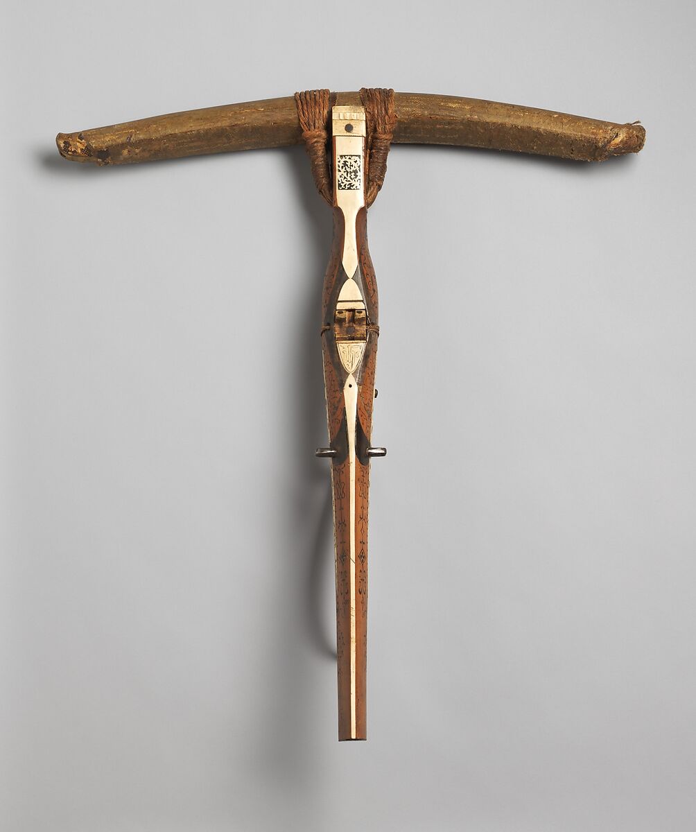 Crossbow of Count Ulrich V of Württemberg (1413–1480), Attributed to Heinrich Heid von Winterthur (probably Swiss, active Stuttgart, recorded 1453–1460), Wood (European hornbeam), horn, animal sinew, staghorn, birch bark, iron alloy, copper alloy, pigment, German, probably Stuttgart