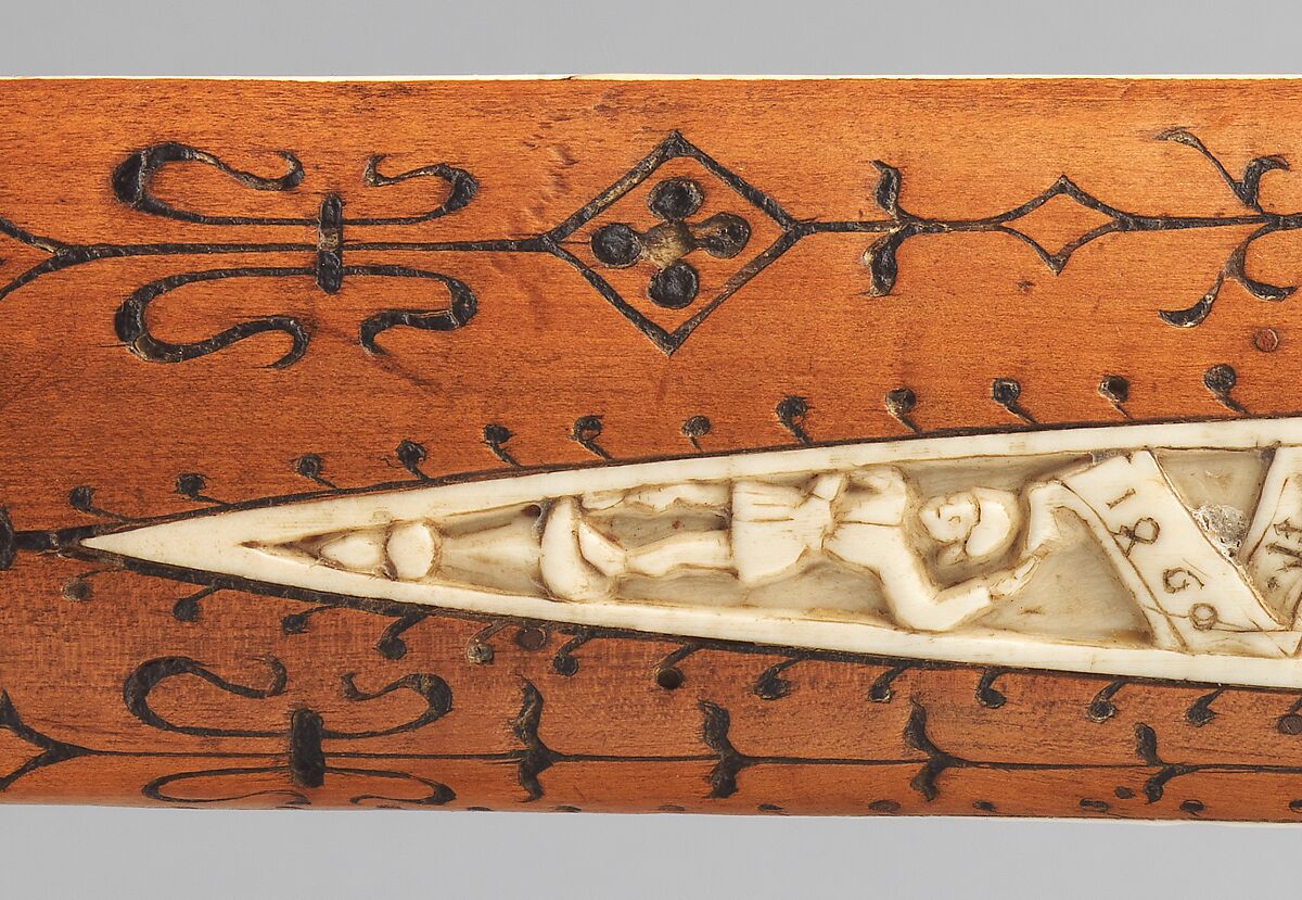 Crossbow of Count Ulrich V of Württemberg (1413–1480), Attributed to Heinrich Heid von Winterthur (probably Swiss, active Stuttgart, recorded 1453–1460), Wood (European hornbeam), horn, animal sinew, staghorn, birch bark, iron alloy, copper alloy, pigment, German, probably Stuttgart