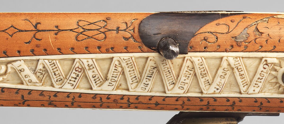 Crossbow of Count Ulrich V of Württemberg (1413–1480), Attributed to Heinrich Heid von Winterthur (probably Swiss, active Stuttgart, recorded 1453–1460), Wood (European hornbeam), horn, animal sinew, staghorn, birch bark, iron alloy, copper alloy, pigment, German, probably Stuttgart