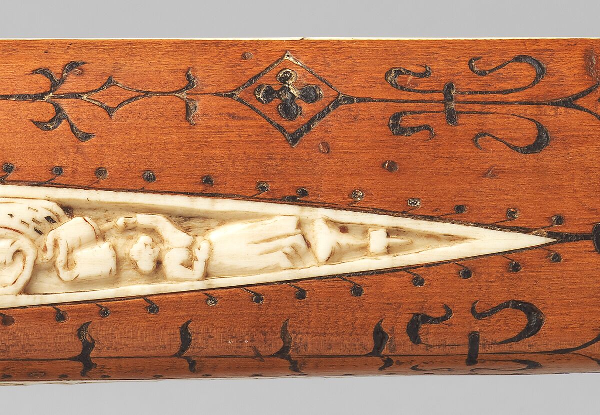 Crossbow of Count Ulrich V of Württemberg (1413–1480), Attributed to Heinrich Heid von Winterthur (probably Swiss, active Stuttgart, recorded 1453–1460), Wood (European hornbeam), horn, animal sinew, staghorn, birch bark, iron alloy, copper alloy, pigment, German, probably Stuttgart