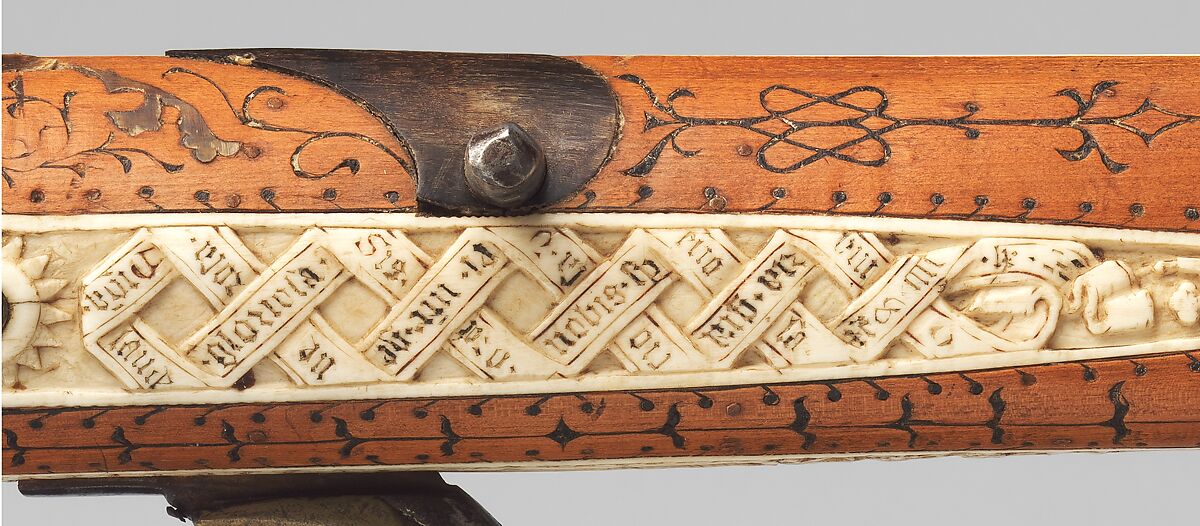 Crossbow of Count Ulrich V of Württemberg (1413–1480), Attributed to Heinrich Heid von Winterthur (probably Swiss, active Stuttgart, recorded 1453–1460), Wood (European hornbeam), horn, animal sinew, staghorn, birch bark, iron alloy, copper alloy, pigment, German, probably Stuttgart