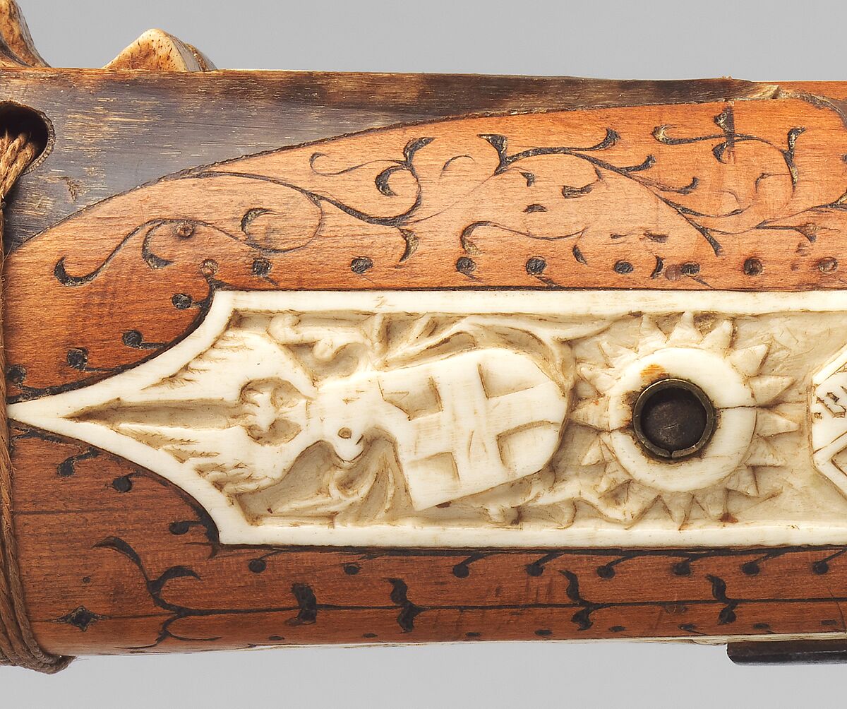 Crossbow of Count Ulrich V of Württemberg (1413–1480), Attributed to Heinrich Heid von Winterthur (probably Swiss, active Stuttgart, recorded 1453–1460), Wood (European hornbeam), horn, animal sinew, staghorn, birch bark, iron alloy, copper alloy, pigment, German, probably Stuttgart