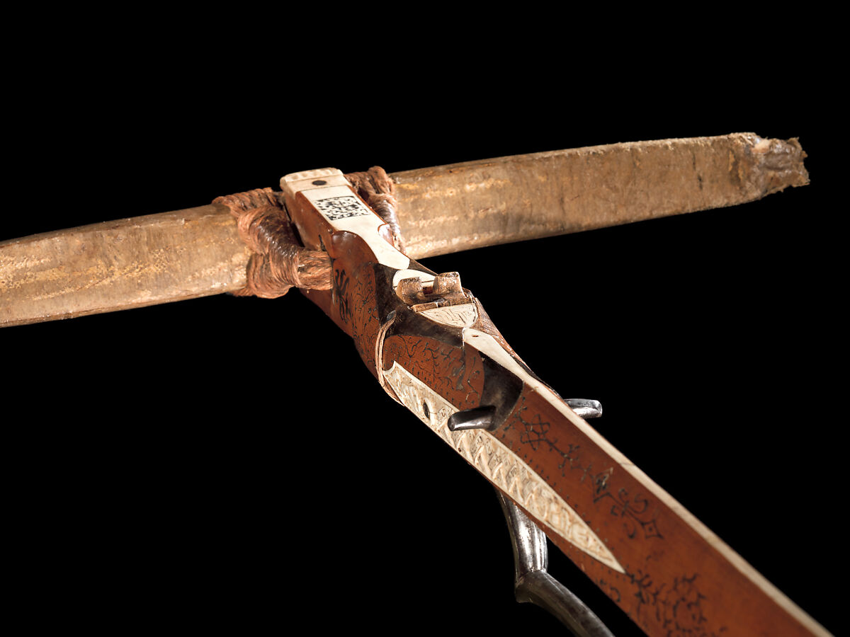 Crossbow of Count Ulrich V of Württemberg (1413–1480), Attributed to Heinrich Heid von Winterthur (probably Swiss, active Stuttgart, recorded 1453–1460), Wood (European hornbeam), horn, animal sinew, staghorn, birch bark, iron alloy, copper alloy, pigment, German, probably Stuttgart
