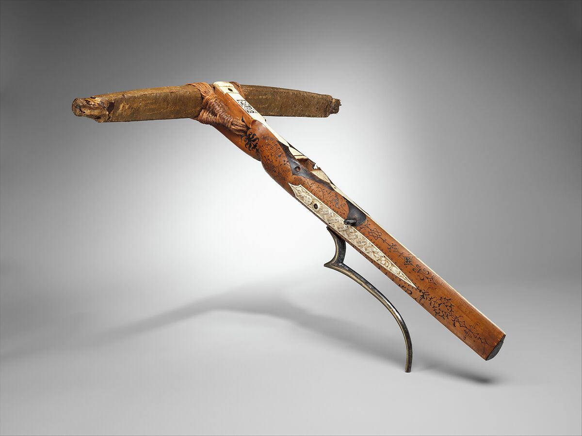 Crossbow of Count Ulrich V of Württemberg (1413–1480), Heinrich Heid von Winterthur  probably Swiss, Wood (European hornbeam), horn, animal sinew, staghorn, birch bark, iron alloy, copper alloy, pigment, German, probably Stuttgart