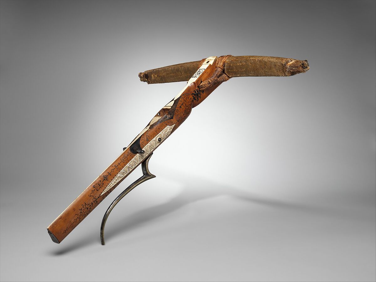 Crossbow of Count Ulrich V of Württemberg (1413–1480), Attributed to Heinrich Heid von Winterthur (probably Swiss, active Stuttgart, recorded 1453–1460), Wood (European hornbeam), horn, animal sinew, staghorn, birch bark, iron alloy, copper alloy, pigment, German, probably Stuttgart