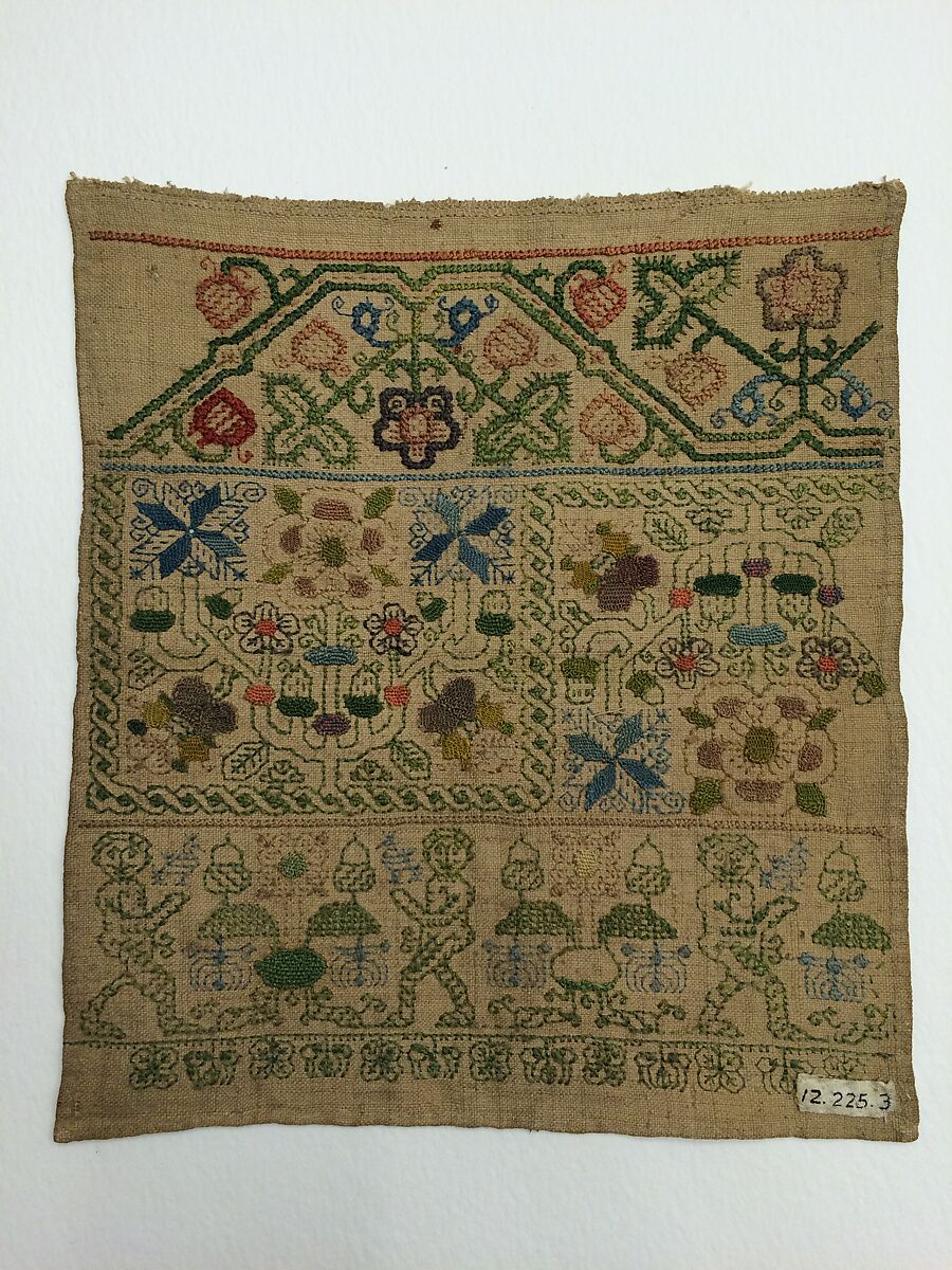 Embroidered band sampler, Silk on linen, British 