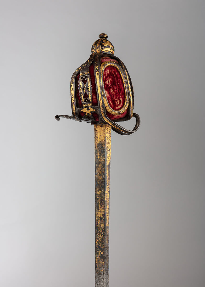 Basket-Hilted Sword, Steel, gold, leather, wood, velvet, Scottish