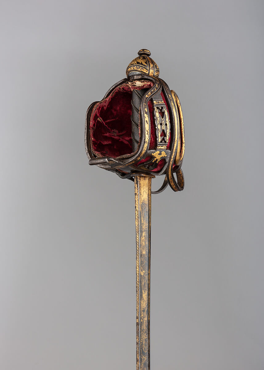 Basket-Hilted Sword, Steel, gold, leather, wood, velvet, Scottish