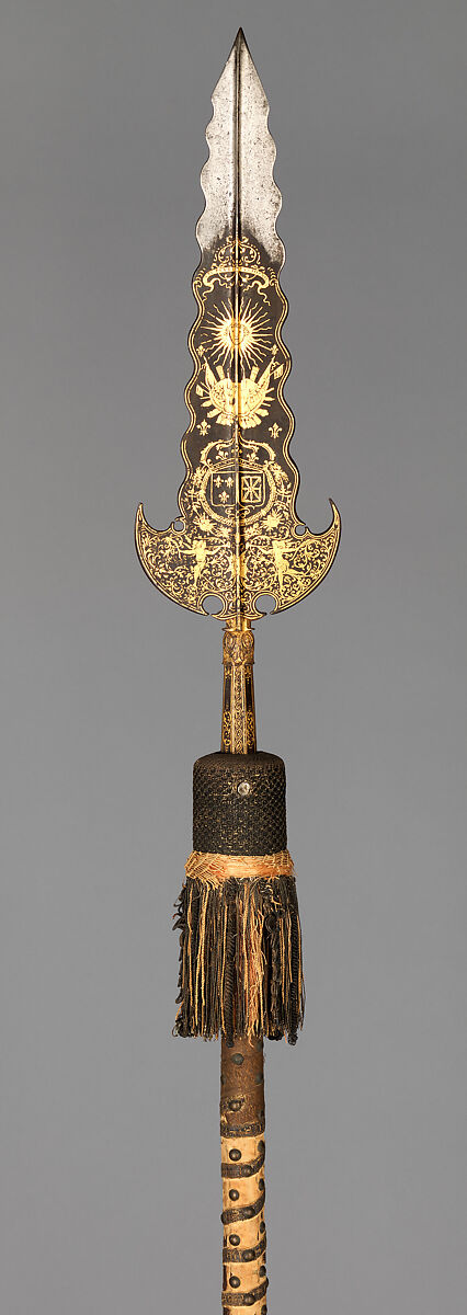 Partisan Carried by the Bodyguard of Louis XIV (1638–1715, reigned from 1643), Steel, gold, wood, textile, brass, French, Paris