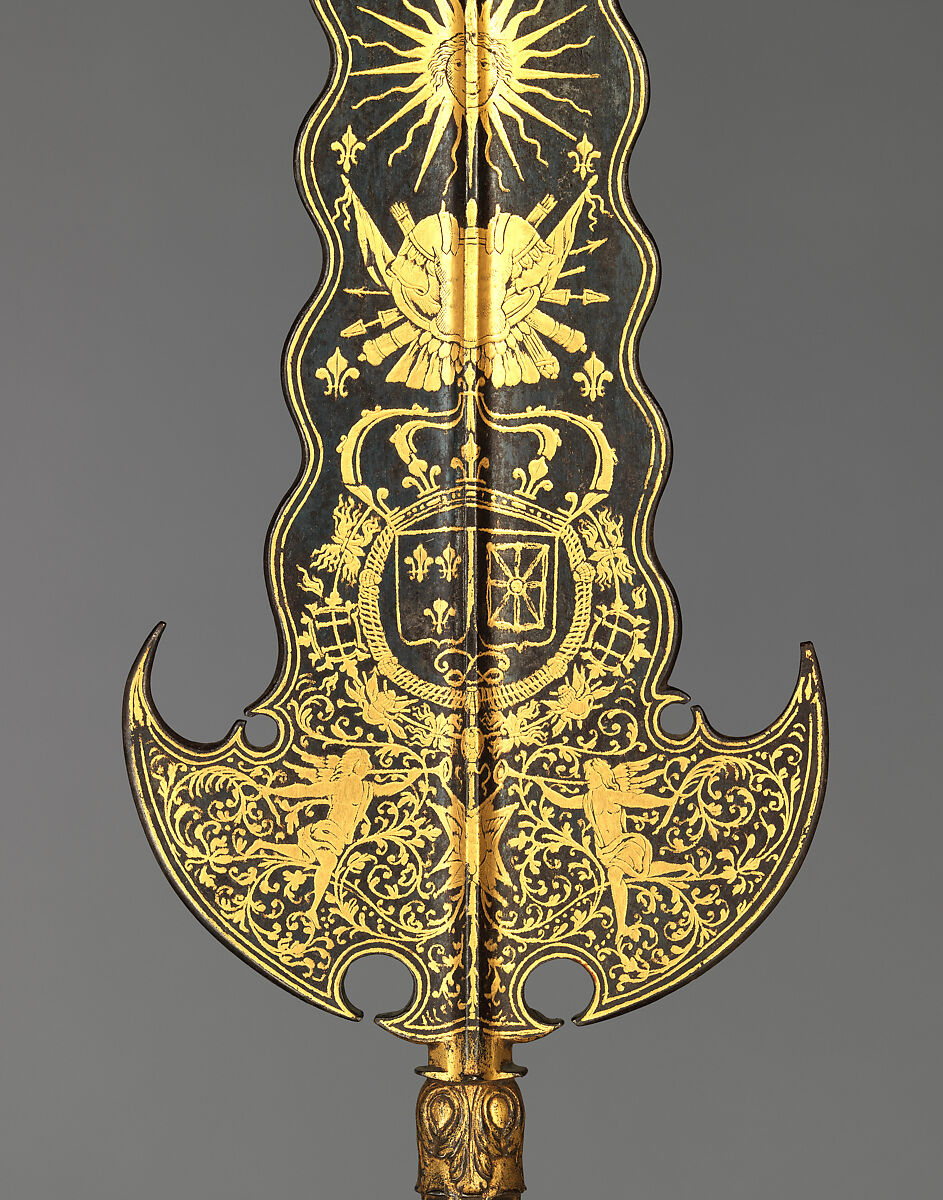 Partisan Carried by the Bodyguard of Louis XIV (1638–1715, reigned from 1643), Steel, gold, wood, textile, brass, French, Paris