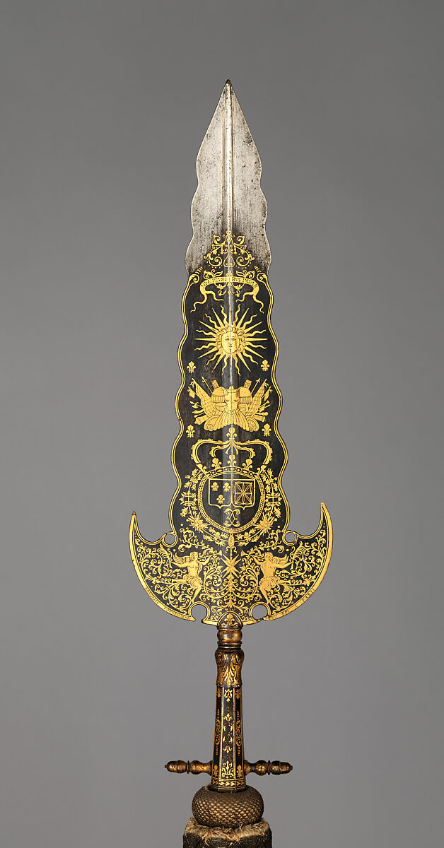 Partisan Carried by the Bodyguard of Louis XIV (1638–1715, reigned from 1643), Inscription probably refers to Bonaventure Ravoisie (French, Paris, recorded 1678–1709), Steel, gold, wood, textile, brass, French, Paris