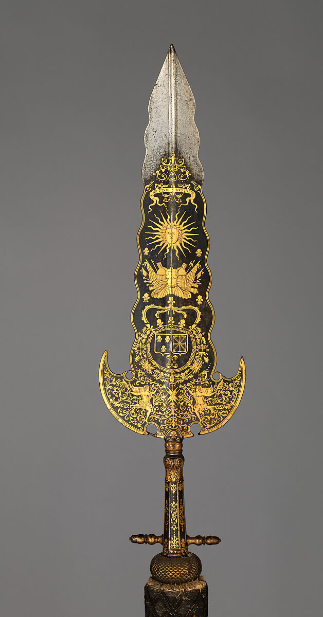 Partisan Carried by the Bodyguard of Louis XIV (1638–1715, reigned from 1643), Inscription probably refers to Bonaventure Ravoisie (French, Paris, recorded 1678–1709), Steel, gold, wood, textile, brass, French, Paris 