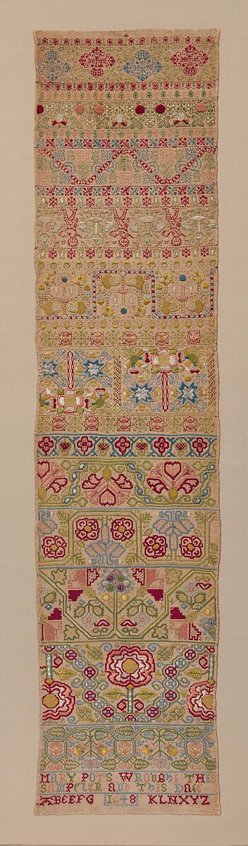 Embroidered band sampler, Mary Pots, Silk embroidery on linen; double running, satin, detached buttonhole, Montenegrin cross, herringbone, and chain stitches, British 