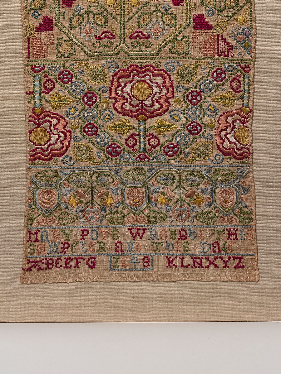 Embroidered band sampler, Mary Pots, Silk embroidery on linen; double running, satin, detached buttonhole, Montenegrin cross, herringbone, and chain stitches, British