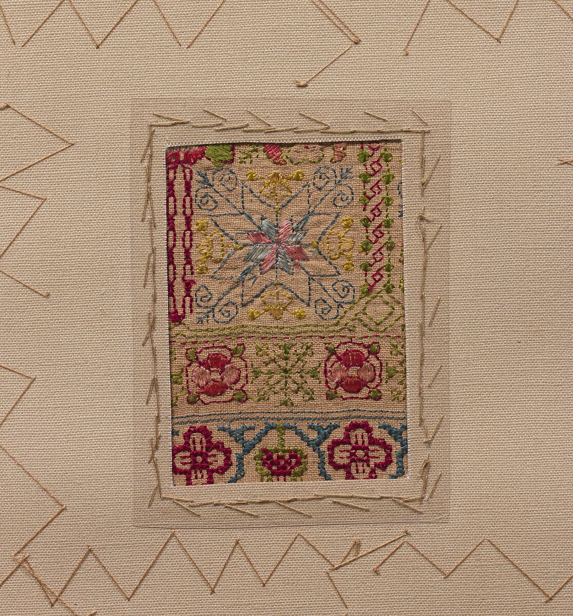 Embroidered band sampler, Mary Pots, Silk embroidery on linen; double running, satin, detached buttonhole, Montenegrin cross, herringbone, and chain stitches, British