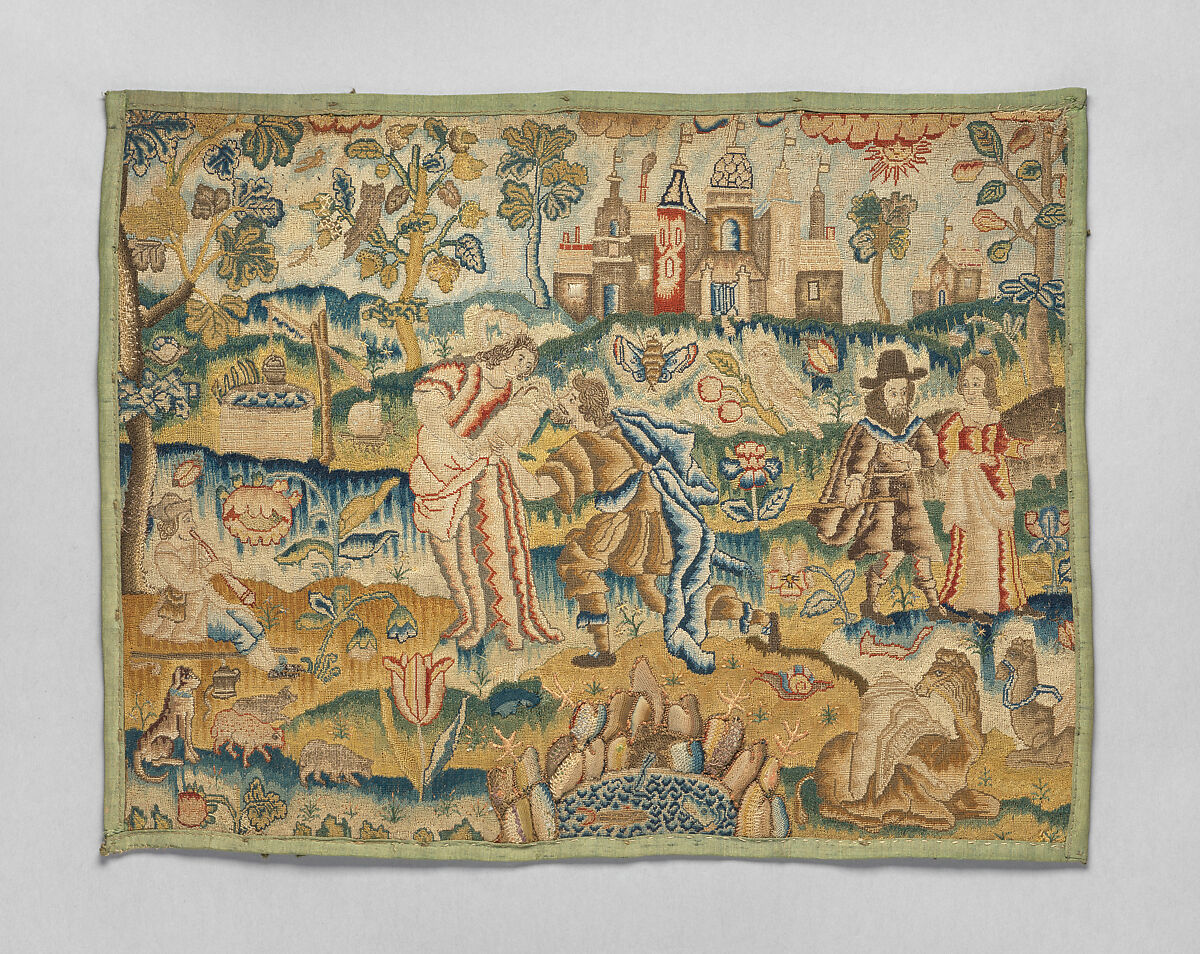 Panel with stumpwork embroidery, Silk, British 