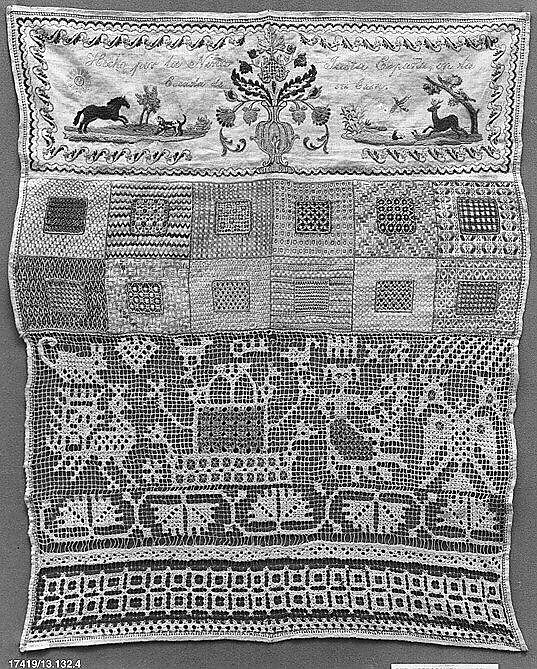 Sampler with darning and lace stitches, Silk on canvas, Spanish 