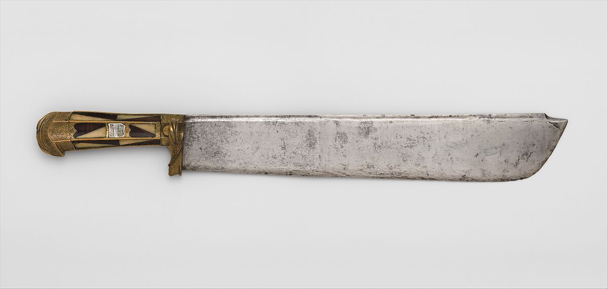 Hunting Knife, Hans Sumersperger (Austrian, Hall, active 1492–98), Steel, copper alloy, wood, bone, mother-of-pearl, Austrian, Hall 