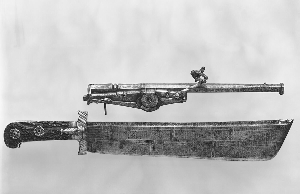 Hunting Knife Combined with Wheellock Pistol, Ambrosius Gemlich (German, Munich and Landshut, active ca. 1520–50), Steel, gold, staghorn, bronze, German, Munich