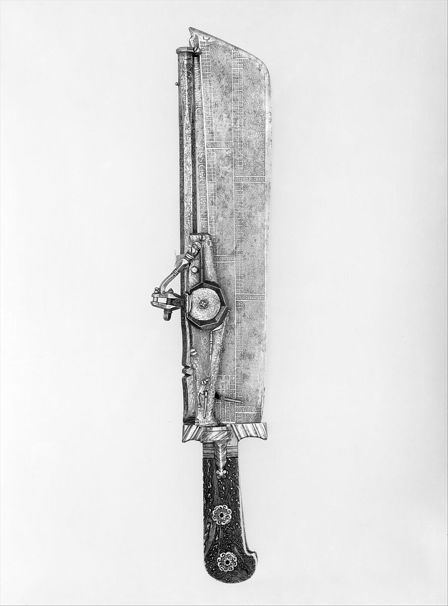Hunting Knife Combined with Wheellock Pistol, Ambrosius Gemlich (German, Munich and Landshut, active ca. 1520–50), Steel, gold, staghorn, bronze, German, Munich 