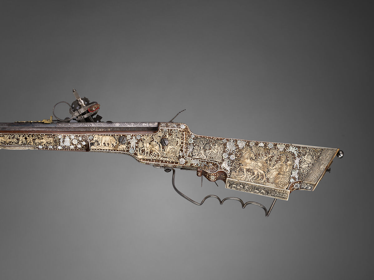 Wheellock Rifle, Johannes Hartel (Polish, Cieszyn (Silesian), active ca. 1650), Steel, silver, wood (red beech), staghorn, mother of pearl, Silesian, Cieszyn