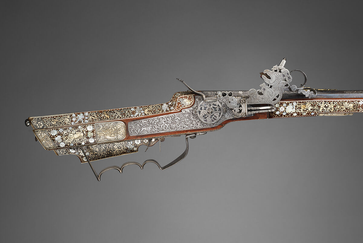 Wheellock Rifle, Johannes Hartel (Polish, Cieszyn (Silesian), active ca. 1650), Steel, silver, wood (red beech), staghorn, mother of pearl, Silesian, Cieszyn